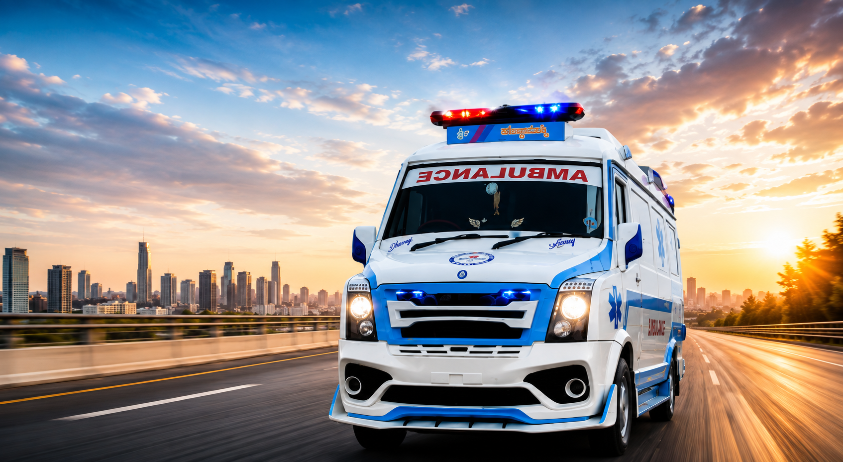 Ambulance hero banner with sunset road background